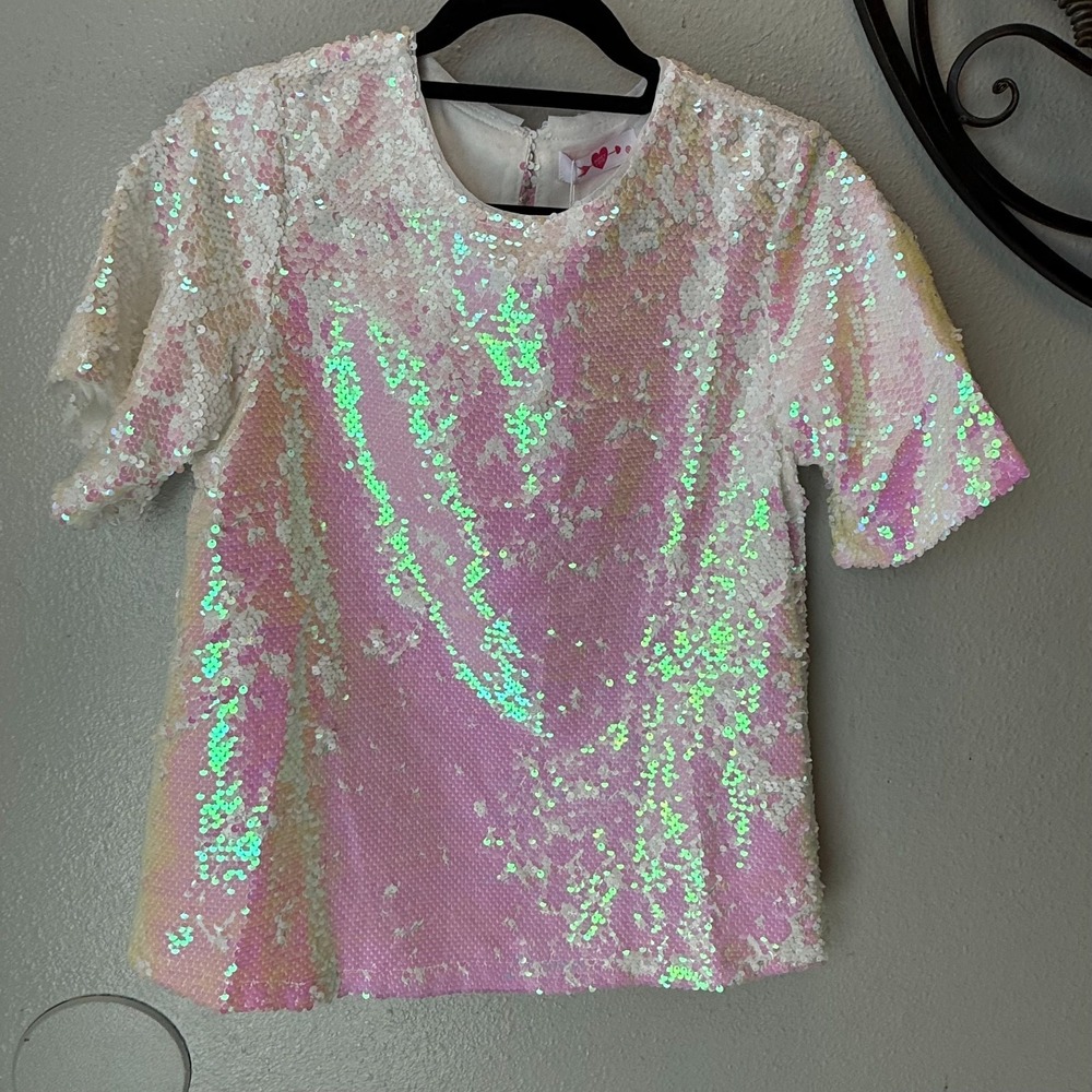 BuddyLove Sequin Iridescent Party Top White Pink‎ Sparkly Glam Holiday Blouse M